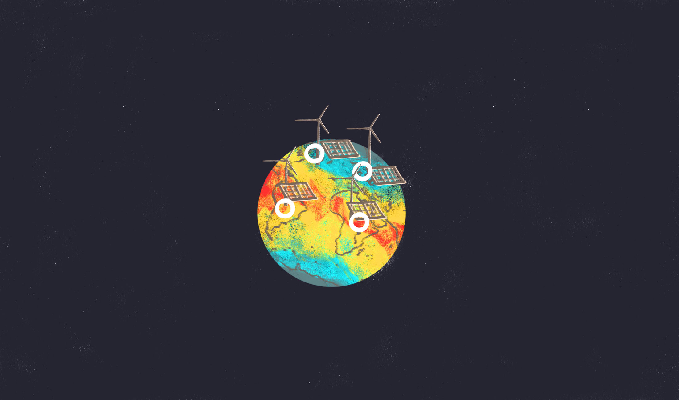 Illustration of a globe studded with wind turbines and solar panels.